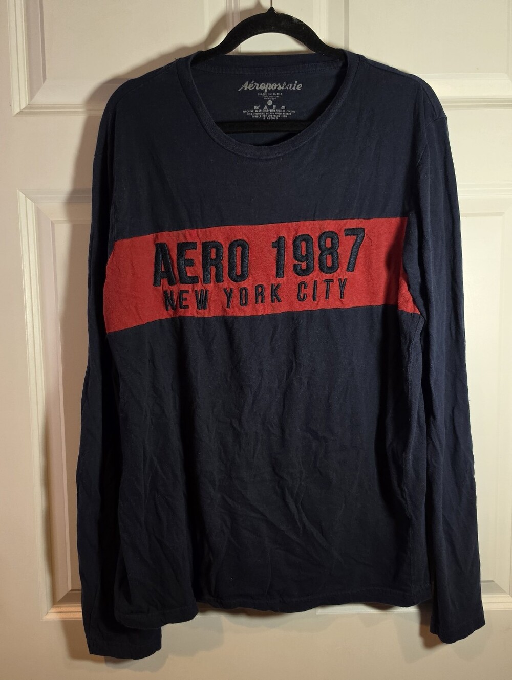 Aeropostale Men's Navy Long Sleeve Tee with Red Chest Stripe - Aero 1987 XL